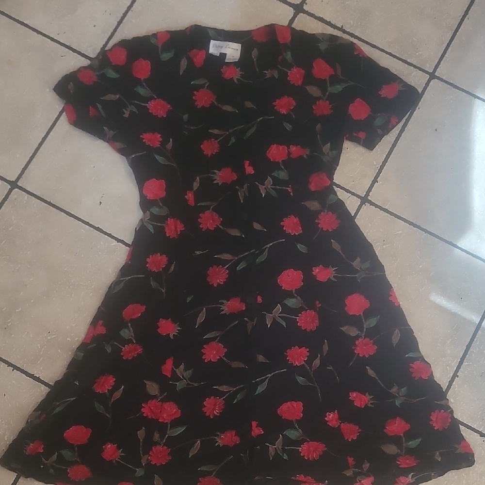 Black Midi Dress with Red Floral Print